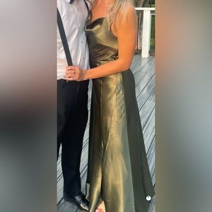 cowl neck olive satin dress